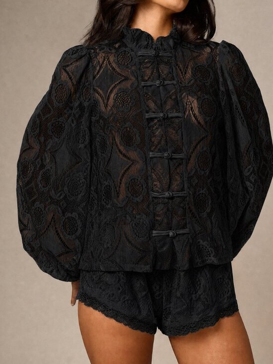 Tops - Black Elegant Women's Sheer Floral Lace Patchwork Puff Sleeve Blouse